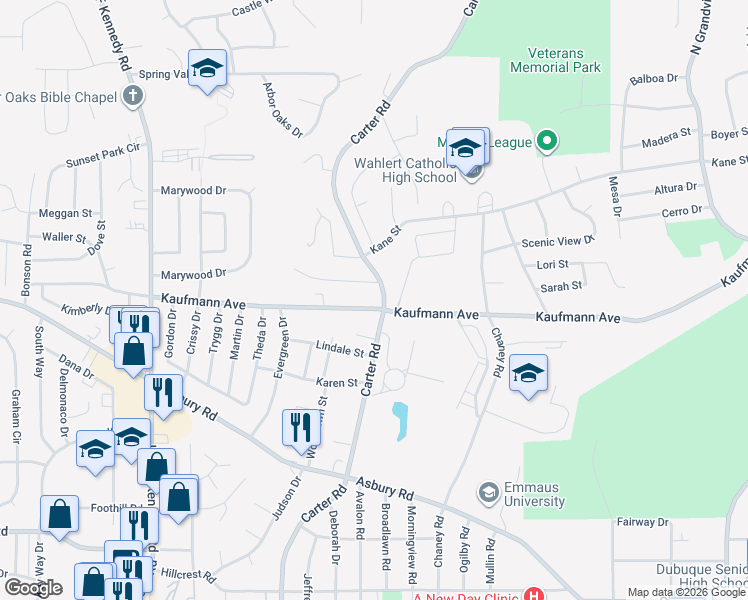 map of restaurants, bars, coffee shops, grocery stores, and more near 3003 Kaufmann Avenue in Dubuque