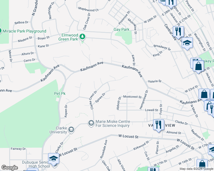 map of restaurants, bars, coffee shops, grocery stores, and more near 837 Spires Drive in Dubuque