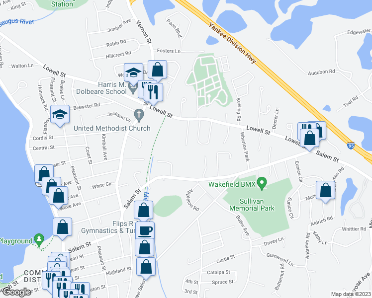 map of restaurants, bars, coffee shops, grocery stores, and more near 29 Penfield Circle in Wakefield