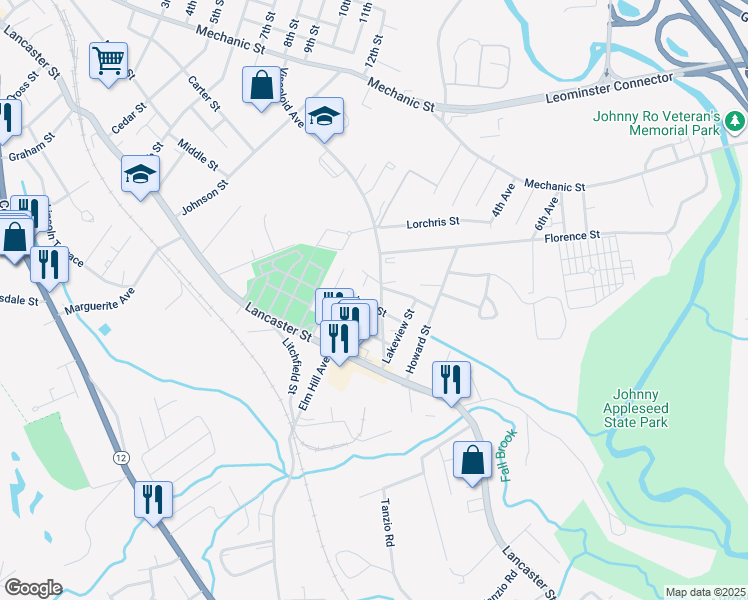 map of restaurants, bars, coffee shops, grocery stores, and more near 235 Viscoloid Avenue in Leominster