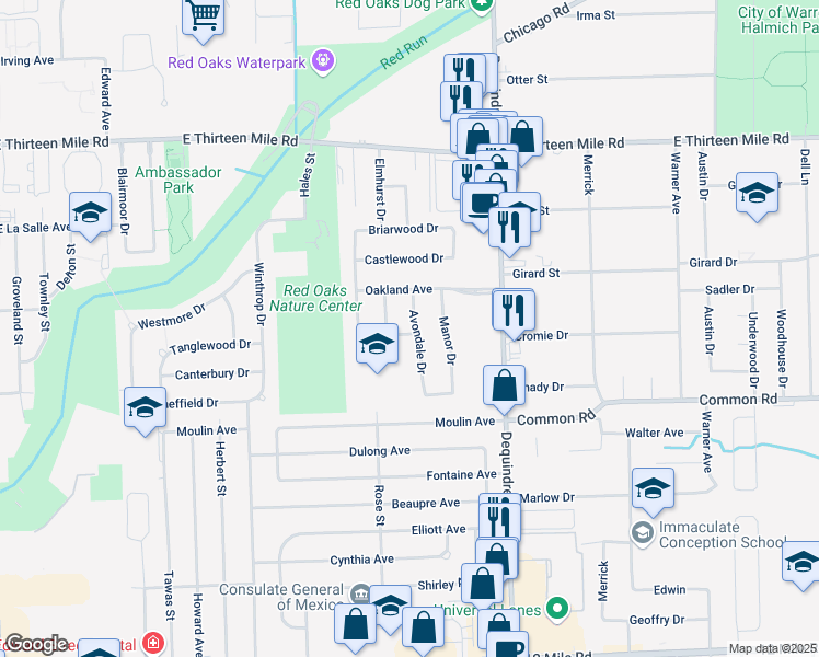 map of restaurants, bars, coffee shops, grocery stores, and more near 1671 Westwood Drive in Madison Heights