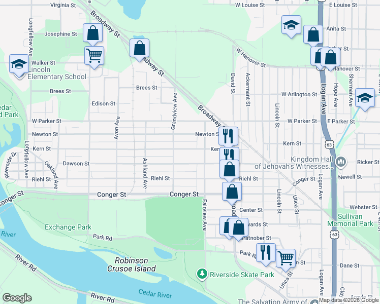 map of restaurants, bars, coffee shops, grocery stores, and more near 631 Kern Street in Waterloo