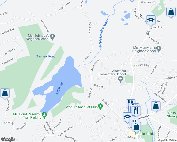 map of restaurants, bars, coffee shops, grocery stores, and more near 56 Winter Street in Woburn