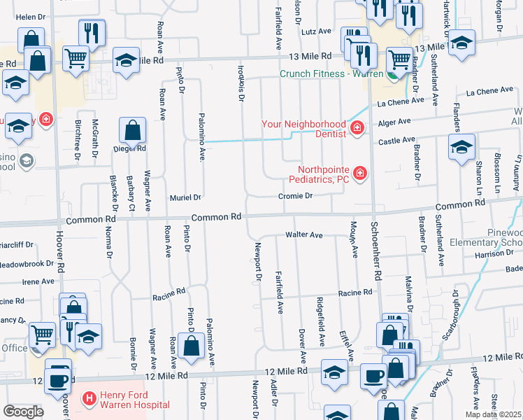 map of restaurants, bars, coffee shops, grocery stores, and more near 12951 Common Road in Warren