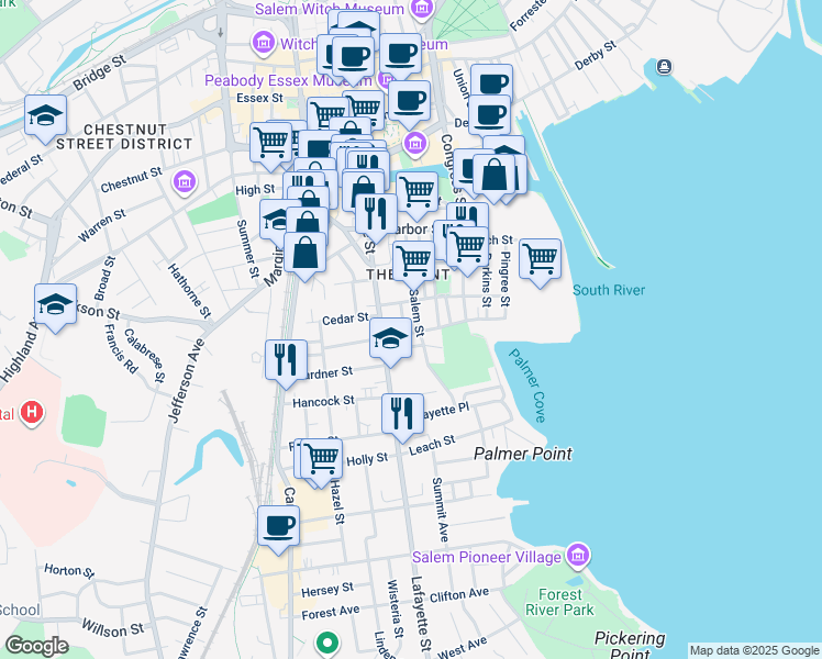 map of restaurants, bars, coffee shops, grocery stores, and more near 16 Leavitt Street in Salem