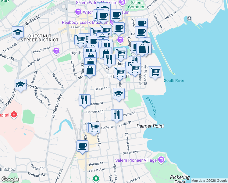 map of restaurants, bars, coffee shops, grocery stores, and more near 16 Leavitt Street in Salem
