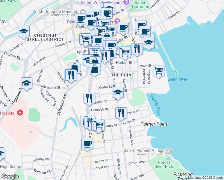 map of restaurants, bars, coffee shops, grocery stores, and more near 184 Lafayette Street in Salem