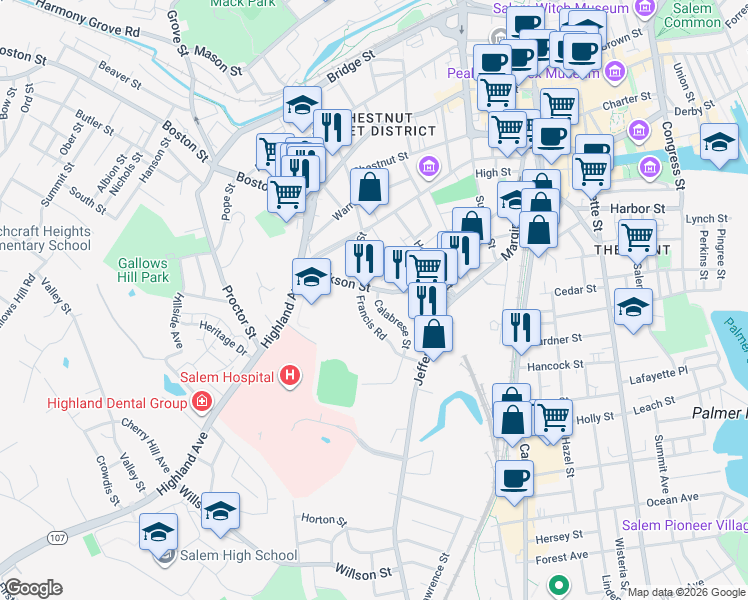 map of restaurants, bars, coffee shops, grocery stores, and more near 34 Jackson Street in Salem