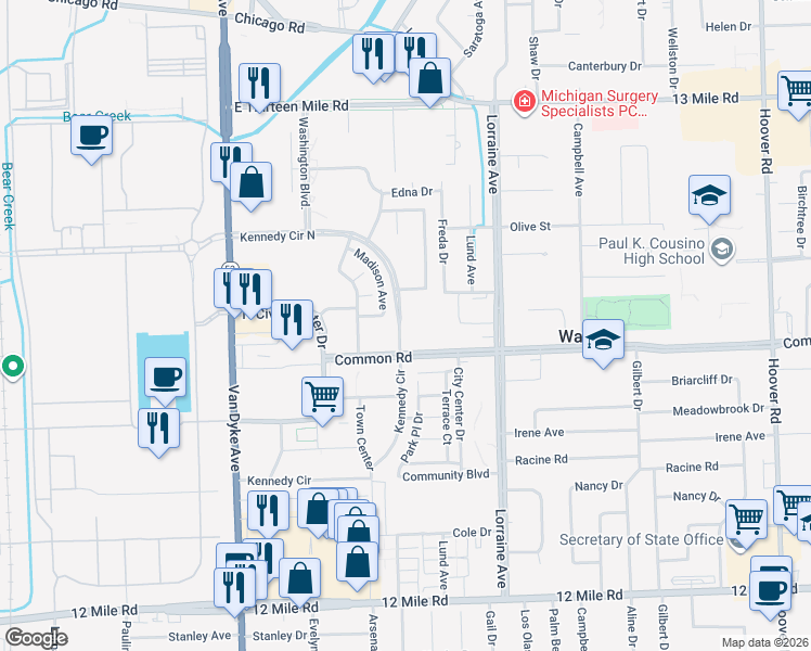 map of restaurants, bars, coffee shops, grocery stores, and more near 8545 Common Road in Warren