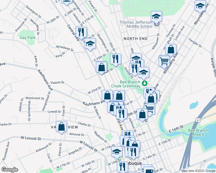 map of restaurants, bars, coffee shops, grocery stores, and more near 2255 Central Avenue in Dubuque