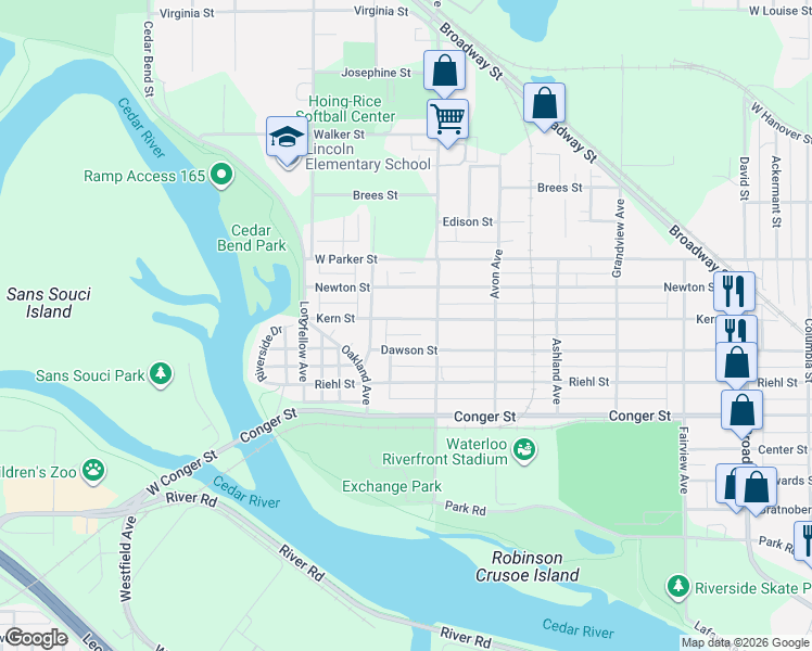 map of restaurants, bars, coffee shops, grocery stores, and more near 917-1/2 Burton Avenue in Waterloo