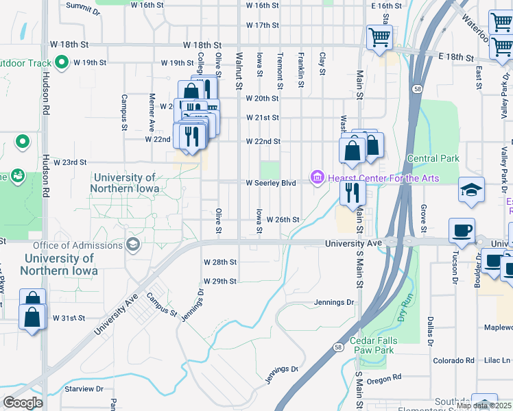 map of restaurants, bars, coffee shops, grocery stores, and more near 2515 Iowa Street in Cedar Falls