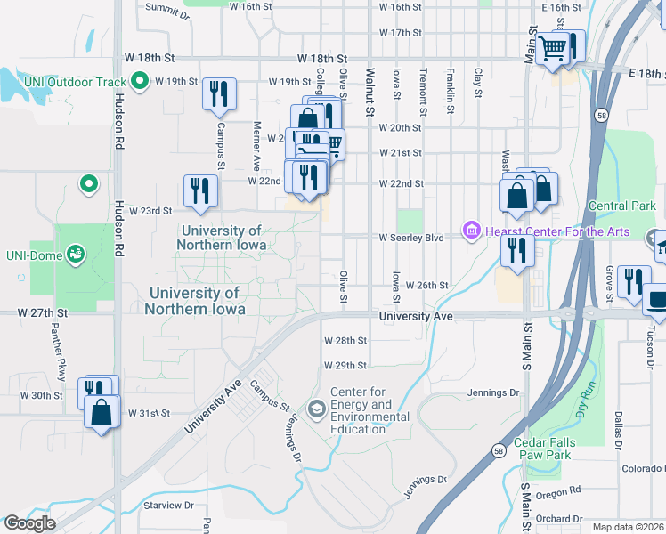map of restaurants, bars, coffee shops, grocery stores, and more near 2516 College Street in Cedar Falls
