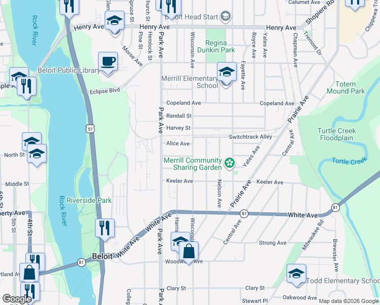 map of restaurants, bars, coffee shops, grocery stores, and more near 1008 Gerald Avenue in Beloit