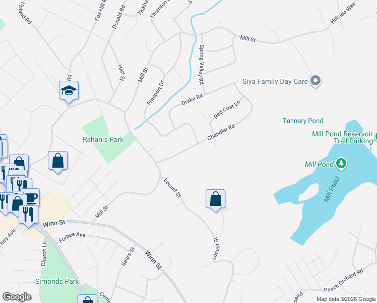 map of restaurants, bars, coffee shops, grocery stores, and more near 20 Chandler Road in Burlington