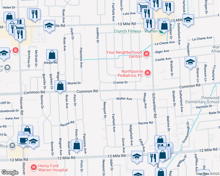 map of restaurants, bars, coffee shops, grocery stores, and more near 12951 Common Road in Warren