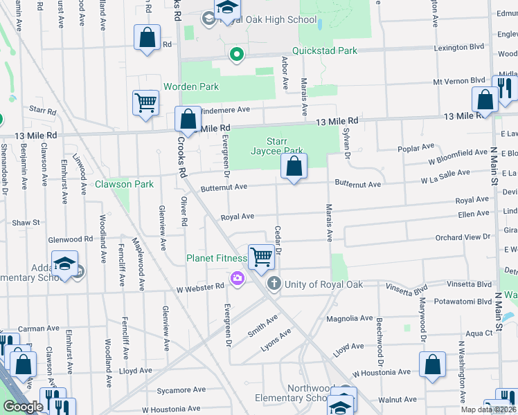 map of restaurants, bars, coffee shops, grocery stores, and more near 1310 Royal Avenue in Royal Oak