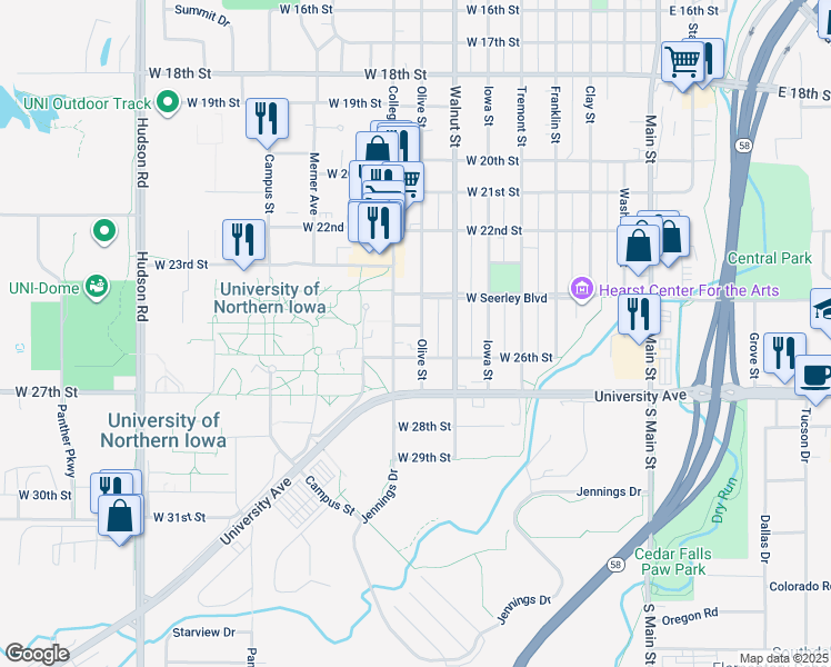 map of restaurants, bars, coffee shops, grocery stores, and more near 2516 College Street in Cedar Falls