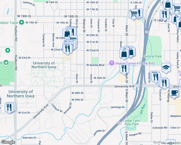 map of restaurants, bars, coffee shops, grocery stores, and more near 2515 Iowa Street in Cedar Falls