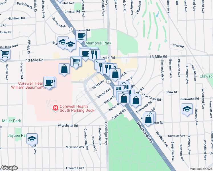 map of restaurants, bars, coffee shops, grocery stores, and more near 30701 Woodward Avenue in Royal Oak