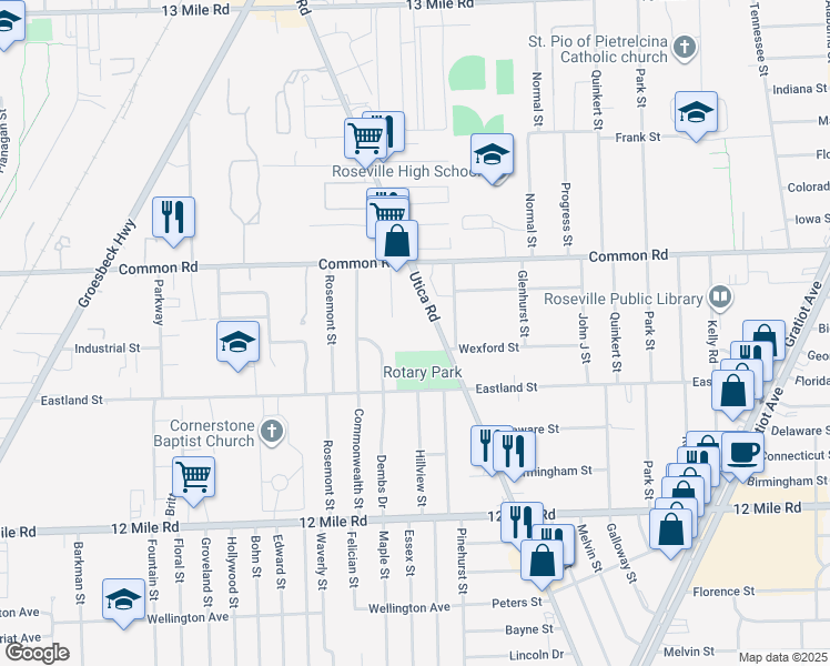map of restaurants, bars, coffee shops, grocery stores, and more near 29695 Utica Road in Roseville