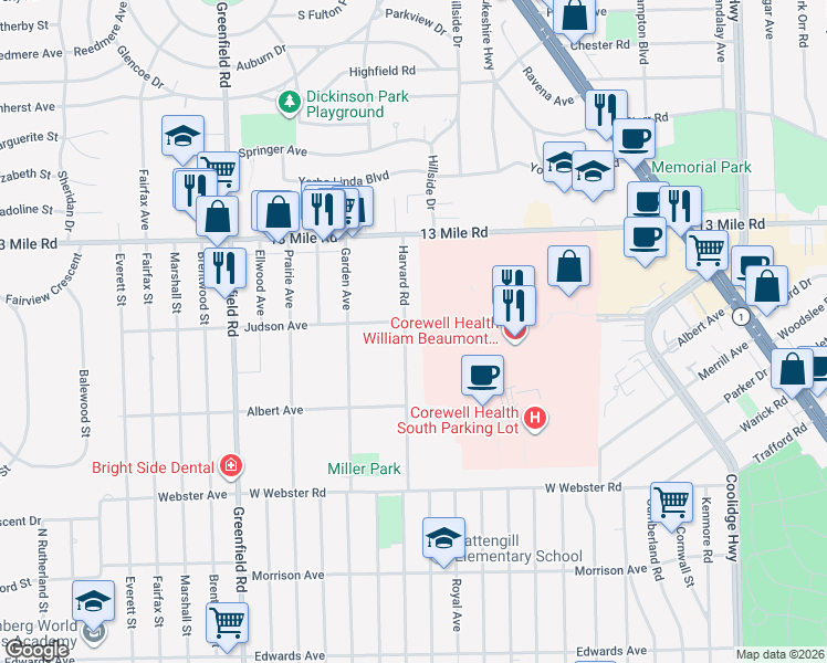 map of restaurants, bars, coffee shops, grocery stores, and more near 3266 Harvard Road in Royal Oak
