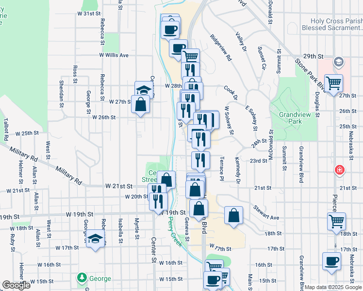map of restaurants, bars, coffee shops, grocery stores, and more near 2301 Geneva Street in Sioux City