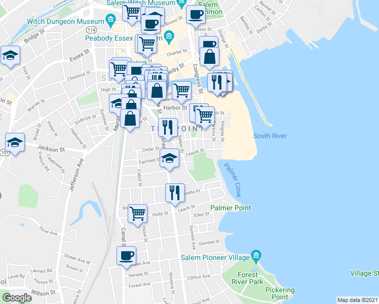 map of restaurants, bars, coffee shops, grocery stores, and more near in Salem