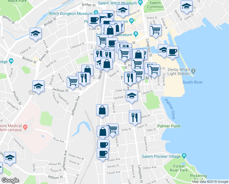 map of restaurants, bars, coffee shops, grocery stores, and more near 12 Fairfield Street in Salem