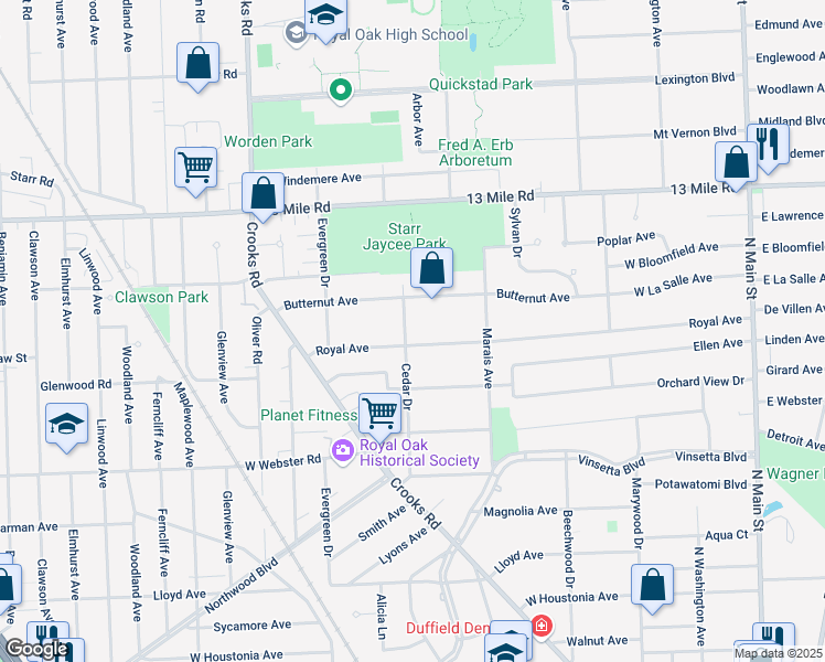 map of restaurants, bars, coffee shops, grocery stores, and more near 1133 Royal Avenue in Royal Oak