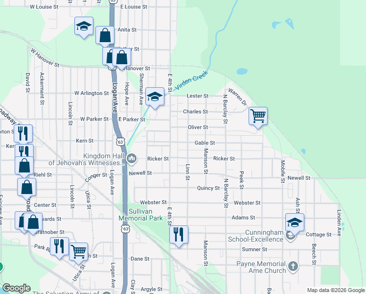 map of restaurants, bars, coffee shops, grocery stores, and more near 303 Ricker Street in Waterloo