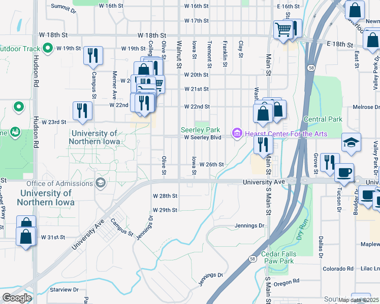 map of restaurants, bars, coffee shops, grocery stores, and more near 2515 Iowa Street in Cedar Falls