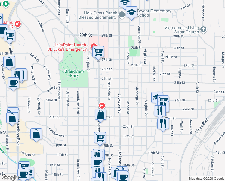 map of restaurants, bars, coffee shops, grocery stores, and more near 2304 Nebraska Street in Sioux City