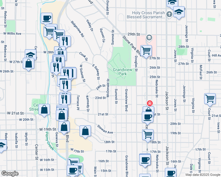 map of restaurants, bars, coffee shops, grocery stores, and more near 2309 East Solway Street in Sioux City