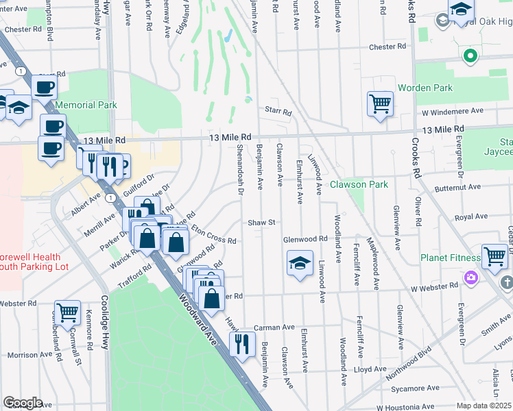 map of restaurants, bars, coffee shops, grocery stores, and more near 2925 Benjamin Avenue in Royal Oak