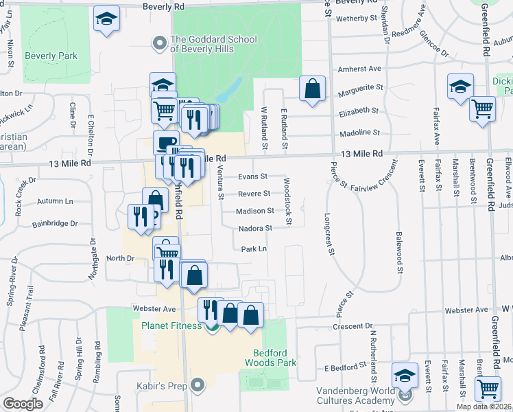 map of restaurants, bars, coffee shops, grocery stores, and more near 17321 Madison Street in Southfield