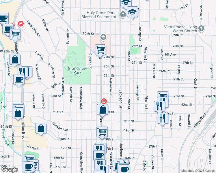 map of restaurants, bars, coffee shops, grocery stores, and more near 2304 Nebraska Street in Sioux City