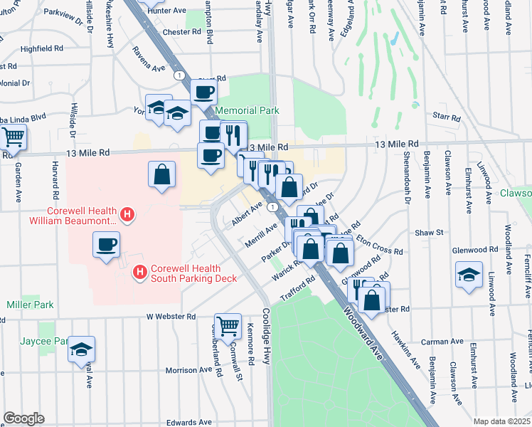 map of restaurants, bars, coffee shops, grocery stores, and more near 30701 Woodward Avenue in Royal Oak