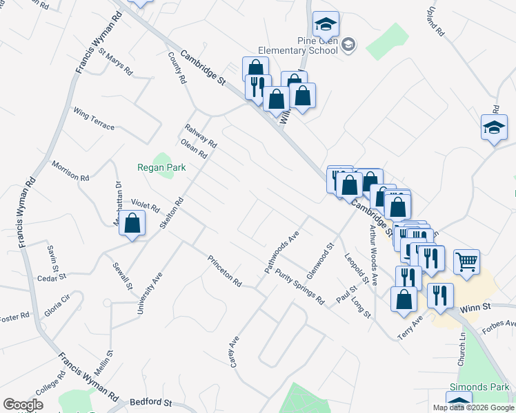 map of restaurants, bars, coffee shops, grocery stores, and more near 3 Oak Knoll Street in Burlington