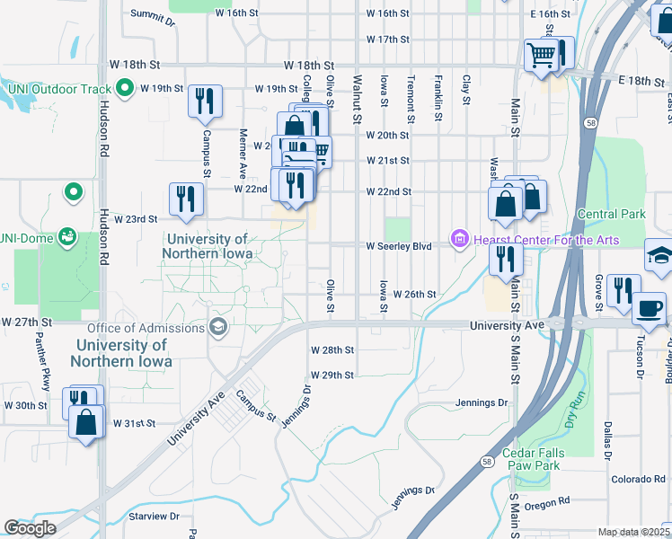 map of restaurants, bars, coffee shops, grocery stores, and more near 2500 Olive Street in Cedar Falls