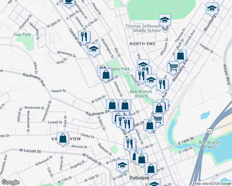 map of restaurants, bars, coffee shops, grocery stores, and more near 2233 Jackson Street in Dubuque
