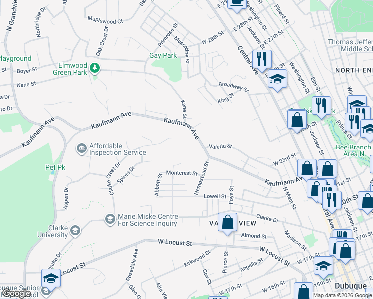 map of restaurants, bars, coffee shops, grocery stores, and more near 720 Central Avenue in Dubuque