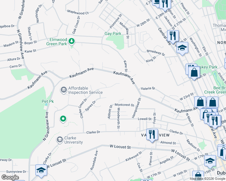 map of restaurants, bars, coffee shops, grocery stores, and more near 807 Spires Drive in Dubuque