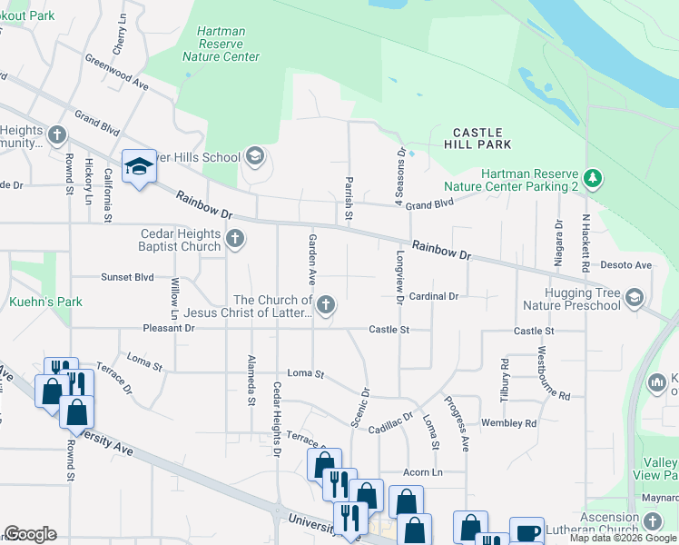 map of restaurants, bars, coffee shops, grocery stores, and more near 2614 Garden Avenue in Cedar Falls