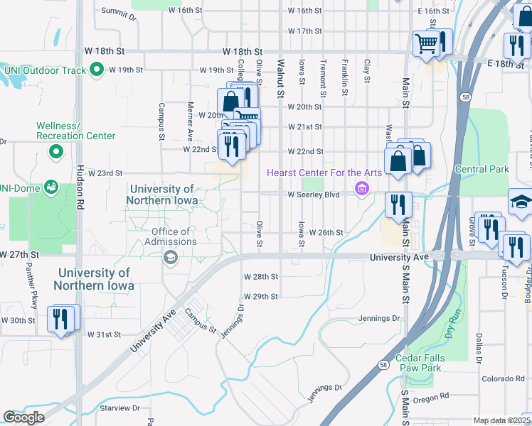 map of restaurants, bars, coffee shops, grocery stores, and more near 2515 Walnut Street in Cedar Falls