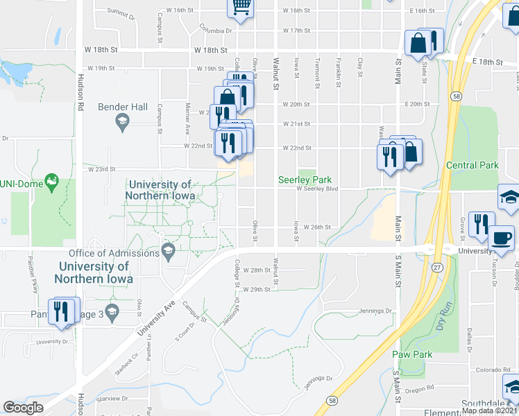 map of restaurants, bars, coffee shops, grocery stores, and more near 2515 Walnut Street in Cedar Falls