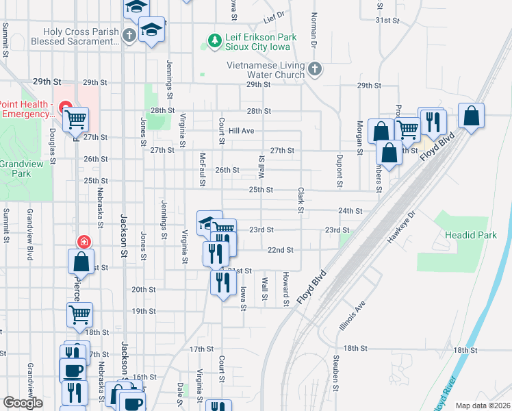 map of restaurants, bars, coffee shops, grocery stores, and more near 1100-1298 24th St in Sioux City