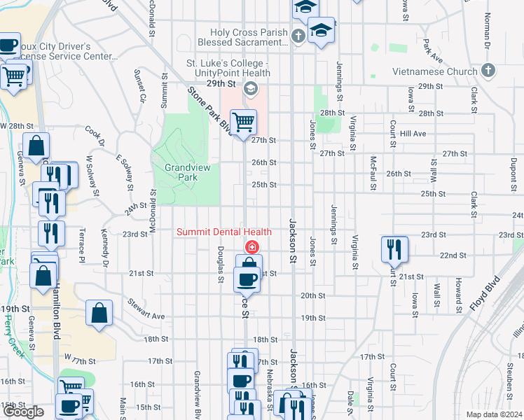 map of restaurants, bars, coffee shops, grocery stores, and more near 2304 Nebraska Street in Sioux City