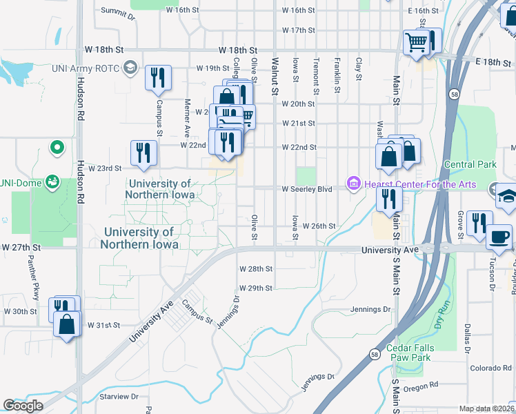 map of restaurants, bars, coffee shops, grocery stores, and more near 2500 Olive Street in Cedar Falls
