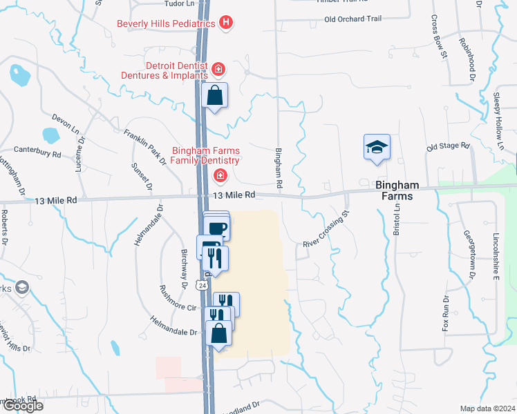 map of restaurants, bars, coffee shops, grocery stores, and more near 24005 West 13 Mile Road in Bingham Farms